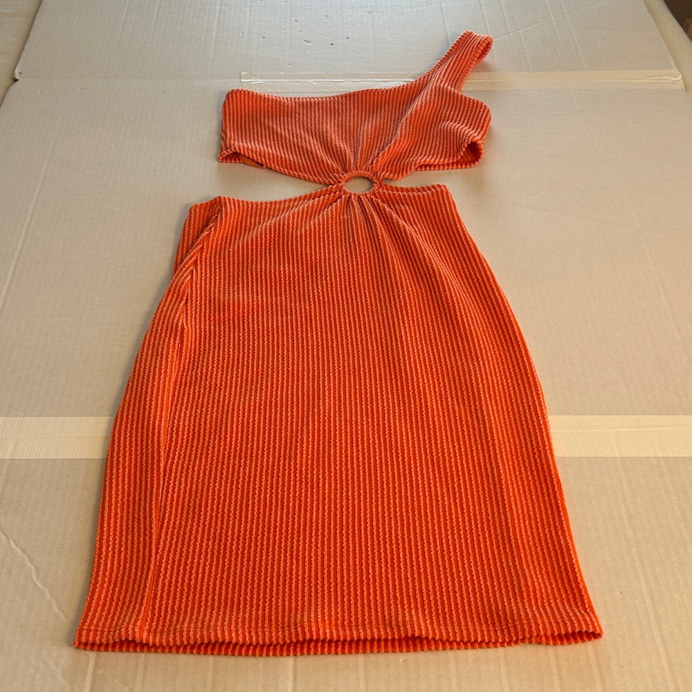 Love J Orange Ribbed One Shoulder Cutout Bodycon Mini Dress. Sz S - Picture 4 of 8
